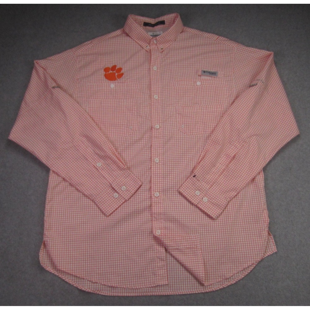 Clemson Tigers Columbia Shirt Mens L Orange Plaid PFG Super Tamiami Vented